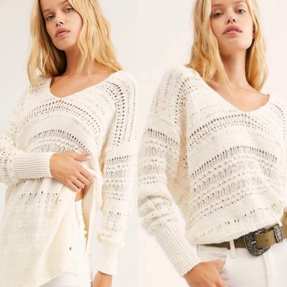 $128 Free People Crochet Tropics Pullover Tunic Sweater in White Combo XS